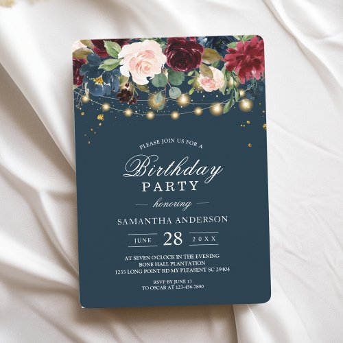 Rustic Burgundy Navy Blue  Red  Flowers   Lights Invitation