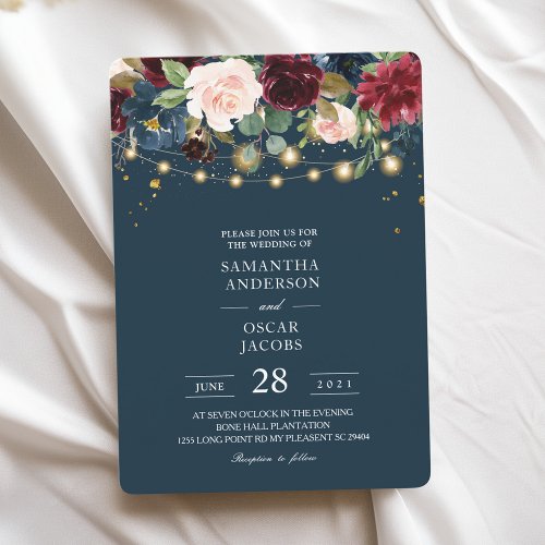 Rustic Burgundy Navy Blue  Red  Flowers   Lights Invitation