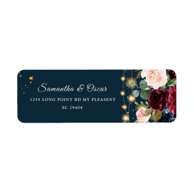 Rustic Burgundy Navy Blue & Red  Flowers  & Lights Label (Front)