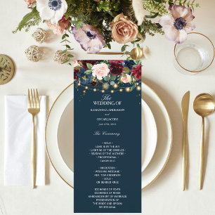 Rustic Burgundy Navy Blue & Red  Flowers  & Lights Menu
