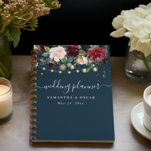 Rustic Burgundy Navy Blue  Red  Flowers   Lights Planner