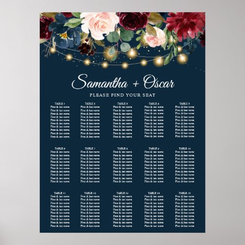Rustic Burgundy Navy Blue  Red  Flowers   Lights Poster