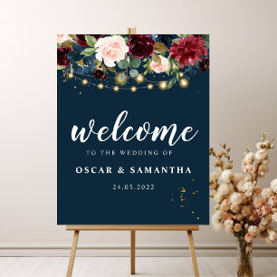 Rustic Burgundy Navy Blue & Red  Flowers & Lights Poster