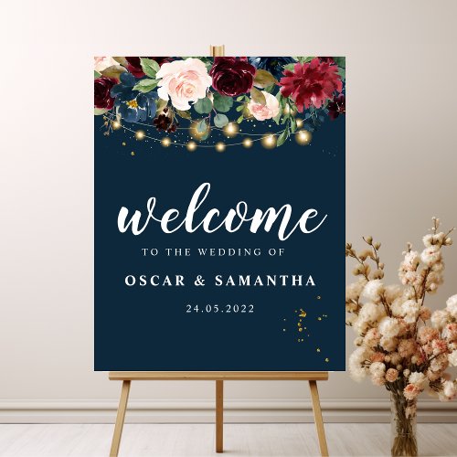 Rustic Burgundy Navy Blue  Red  Flowers  Lights Poster