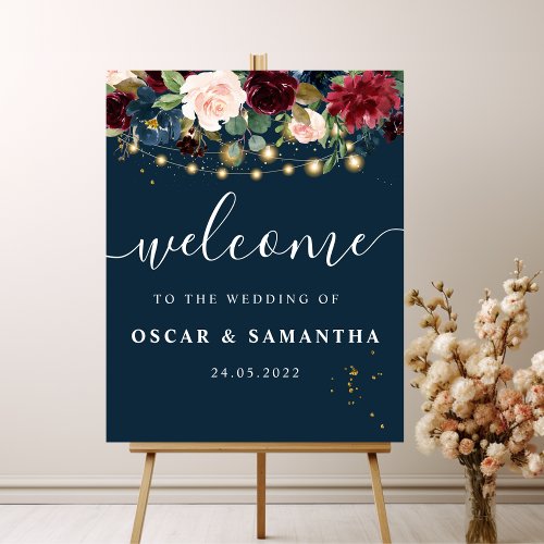 Rustic Burgundy Navy Blue  Red  Flowers  Lights Poster