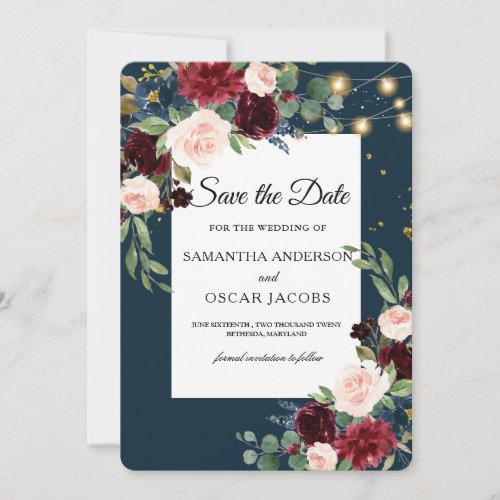 Rustic Burgundy Navy Blue  Red Flowers   Lights Save The Date