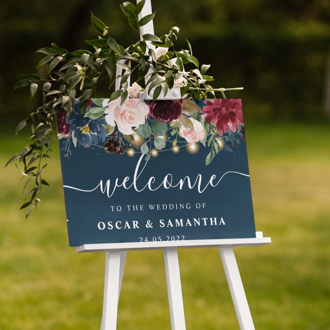 Rustic Burgundy Navy Blue & Red  Flowers  & Lights Sign (Creator Uploaded)