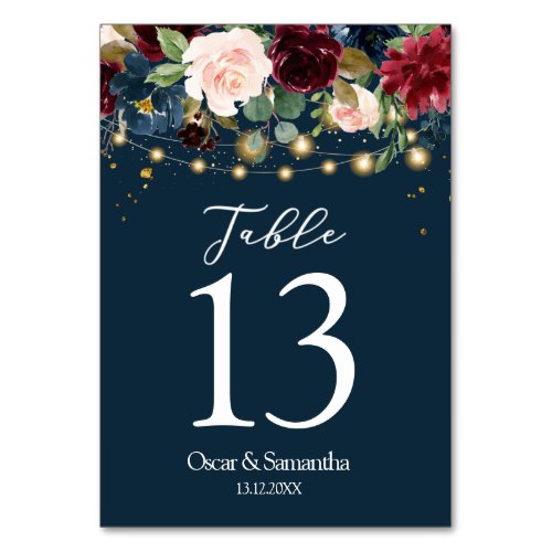 Rustic Burgundy Navy Blue  Red  Flowers   Lights Table Number