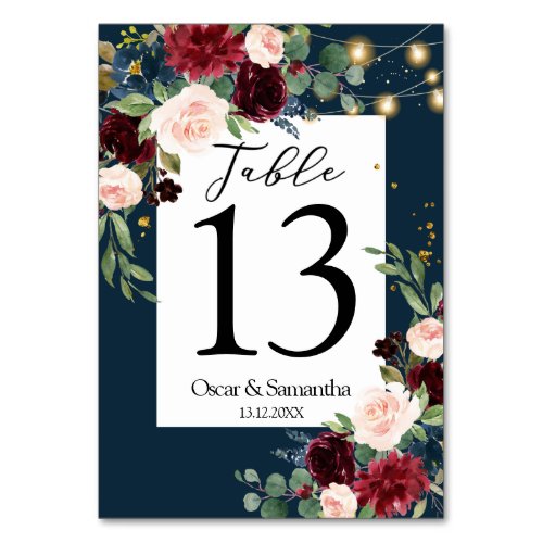 Rustic Burgundy Navy Blue  Red Flowers   Lights Table Number