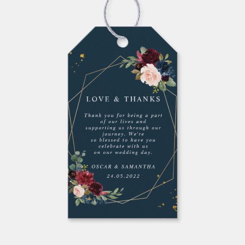 Rustic Burgundy Navy Blue  Red Gold Flowers Frame Gift Tags