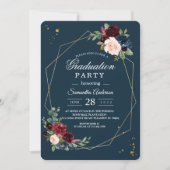 Rustic Burgundy Navy Blue & Red Gold Flowers Frame Invitation (Front)