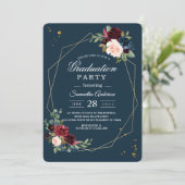 Rustic Burgundy Navy Blue & Red Gold Flowers Frame Invitation (Standing Front)