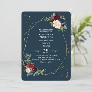 Rustic Burgundy Navy Blue & Red Gold Flowers Frame Invitation