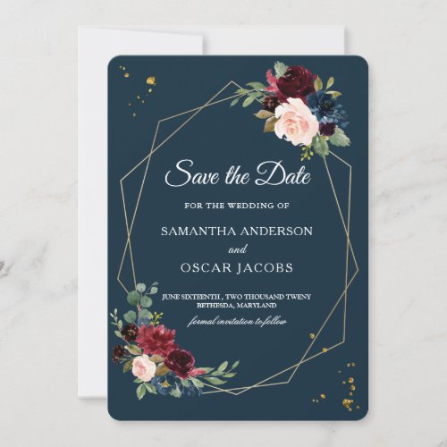 Rustic Burgundy Navy Blue  Red Gold Flowers Frame Save The Date