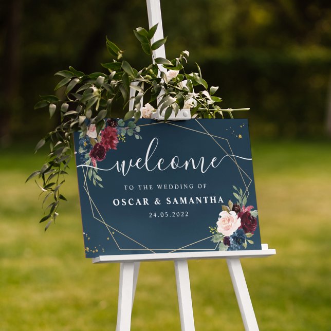 Rustic Burgundy Navy Blue & Red Gold Flowers Frame Sign (Creator Uploaded)