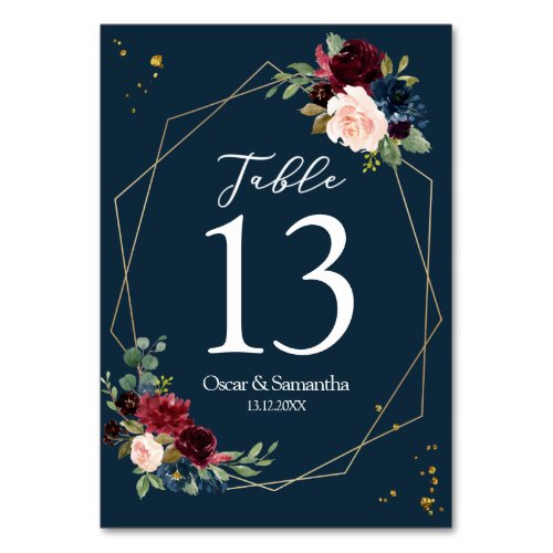 Rustic Burgundy Navy Blue  Red Gold Flowers Frame Table Number