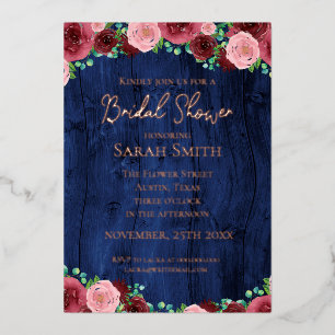 Rustic Burgundy Navy Blue Rose Gold Bridal Shower Foil Invitation