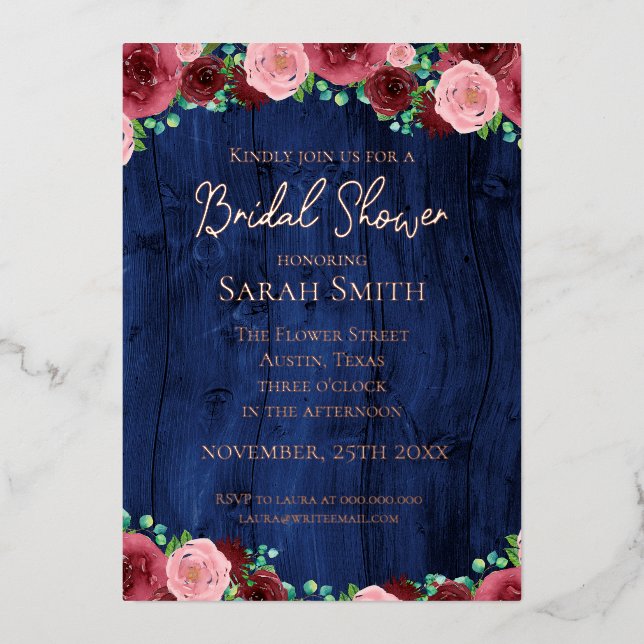 Rustic Burgundy Navy Blue Rose Gold Bridal Shower Foil Invitation (Front)