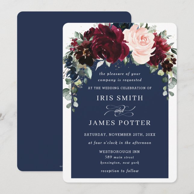 Rustic Burgundy Navy Blush Floral Arch Wedding Invitation (Front/Back)
