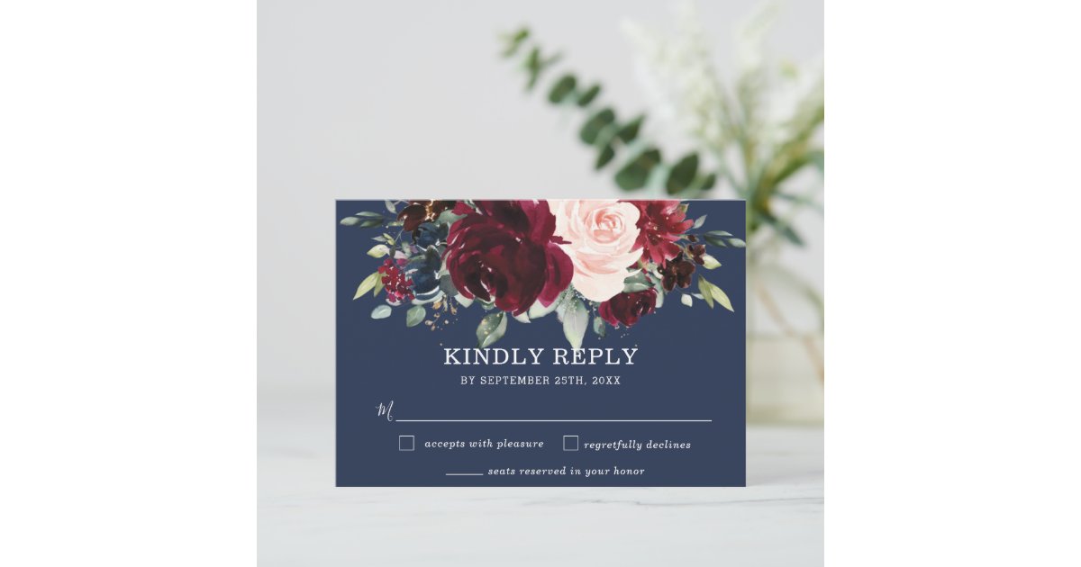 Rustic Burgundy Navy Blush Floral Greenery Wedding RSVP Card | Zazzle