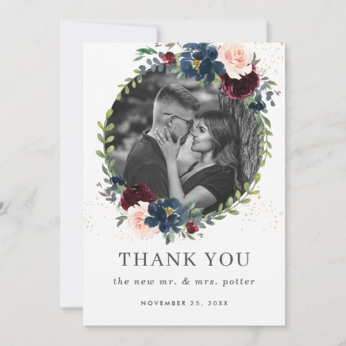 Rustic Burgundy Navy Blush Floral Wedding Photo Thank You Card