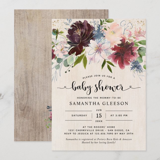 Rustic Burgundy Navy Floral Baby Shower Invitation (Front/Back)