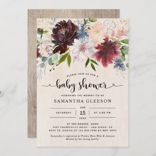 Rustic Burgundy Navy Floral Baby Shower Invitation