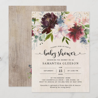 Rustic Burgundy Navy Floral Baby Shower Invitation