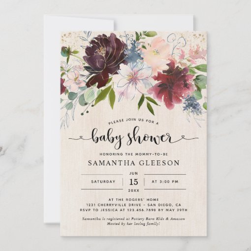 Rustic Burgundy Navy Floral Baby Shower Invitation | Zazzle