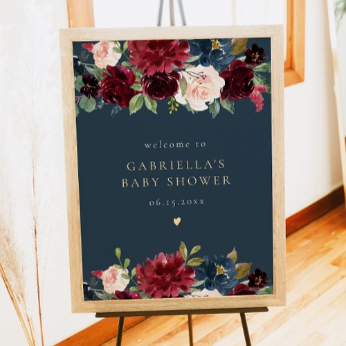 Rustic Burgundy  Navy Floral Baby Shower Welcome Poster