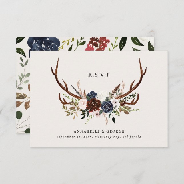 Rustic burgundy navy floral botanical wedding enclosure card (Front/Back)