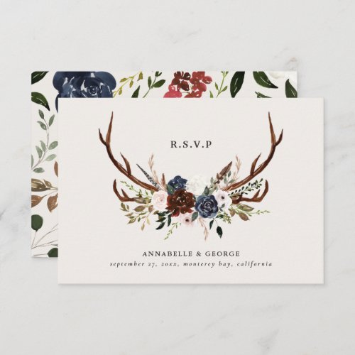 Rustic burgundy navy floral botanical wedding enclosure card