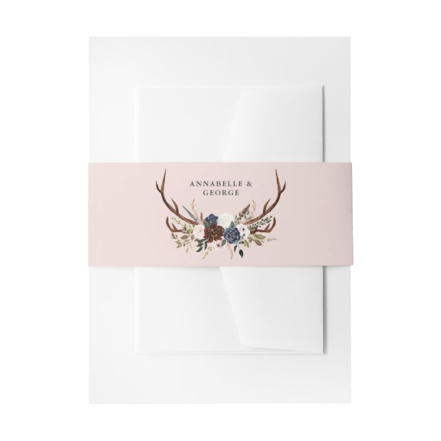 Rustic burgundy navy floral botanical wedding invitation belly band (Front Example)