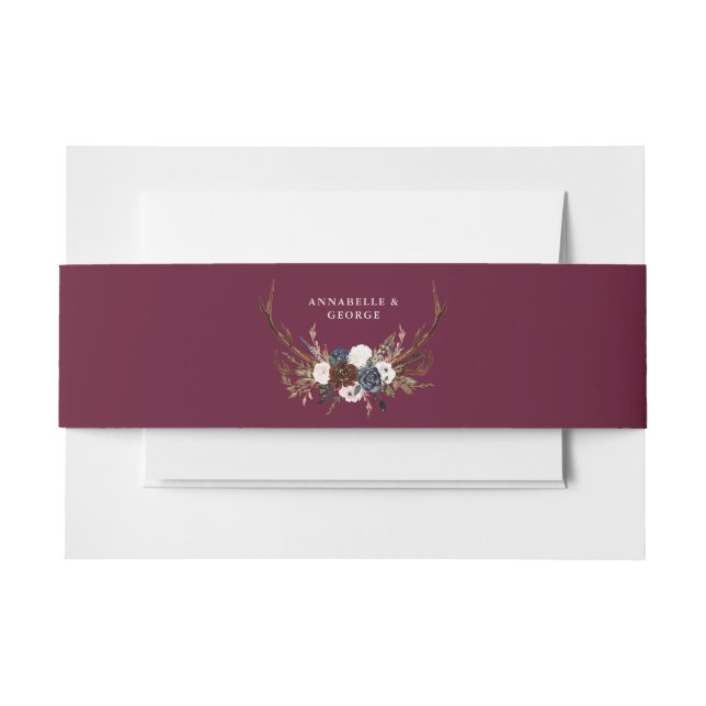 Rustic burgundy navy floral botanical wedding invitation belly band (Front Example)