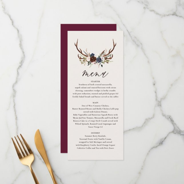 Rustic burgundy navy floral botanical wedding menu (Front/Back In Situ)