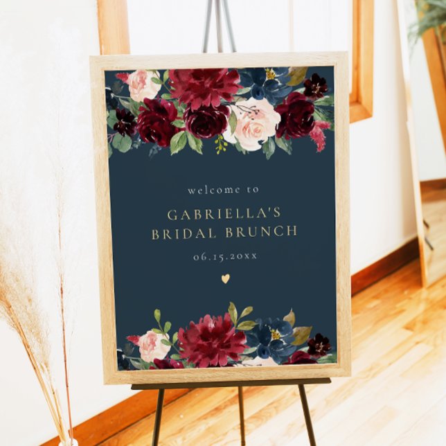 Rustic Burgundy Navy Floral Bridal Brunch Welcome Poster (Creator Uploaded)