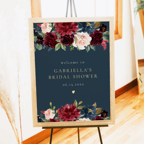 Rustic Burgundy Navy Floral Bridal Shower Welcome Poster