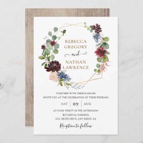 Rustic Burgundy Navy Floral Geometric Wedding Invitation - This elegant and customizable Wedding Invitation features a geometric gold frame adorned with delicate watercolor burgundy and navy florals with greenery foliage, paired with a whimsical calligraphy and a classy serif font in gold and black. To make advanced changes, please select "Click to customize further" option under Personalize this template.
