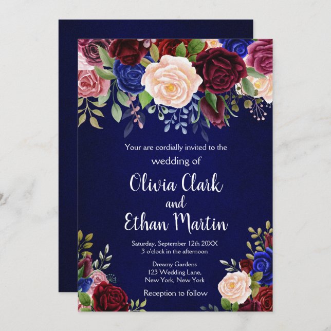 Rustic Burgundy Navy Floral Invitation (Front/Back)