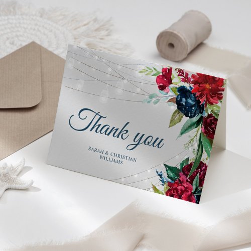 Rustic Burgundy Navy Floral Lights  Thank You Card