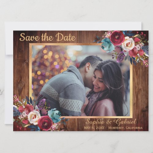 Rustic Burgundy Navy Floral Photo Save the Date