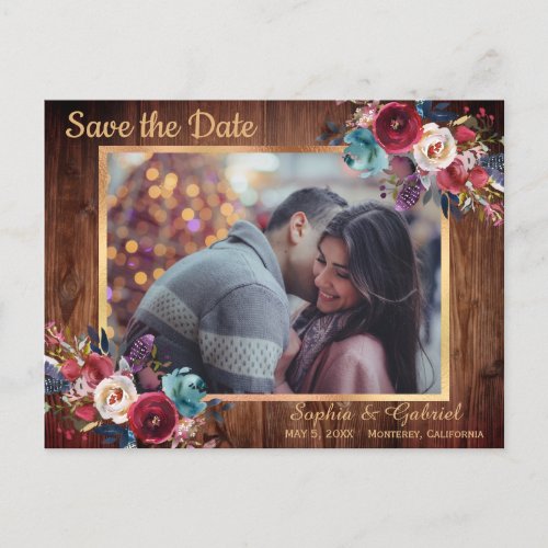 Rustic Burgundy Navy Floral Photo Save the Date Announcement Postcard