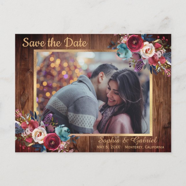 Rustic Burgundy Navy Floral Photo Save the Date Announcement Postcard (Front)