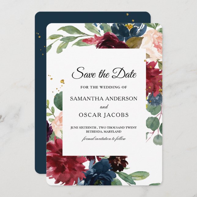 Rustic Burgundy & Navy Floral  Save The Date (Front/Back)