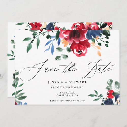 Rustic burgundy navy floral wedding save the date - A rustic fall winter elegant burgundy and navy blue floral watercolor and greenery leaves calligraphy wedding save the date , add your photo. With a beautiful brush calligraphy script.