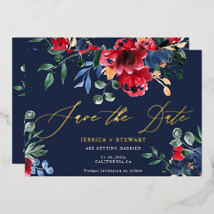 Rustic burgundy navy floral wedding save the date  foil invitation