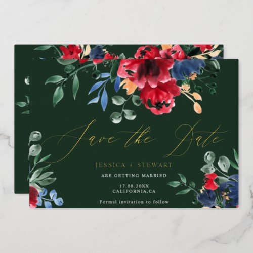 Rustic burgundy navy floral wedding save the date foil invitation