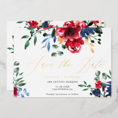 Rustic burgundy navy floral wedding save the date foil invitation