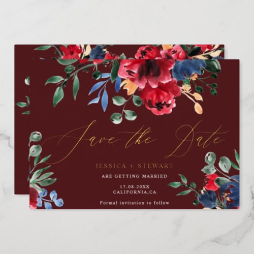 Rustic burgundy navy floral wedding save the date  foil invitation