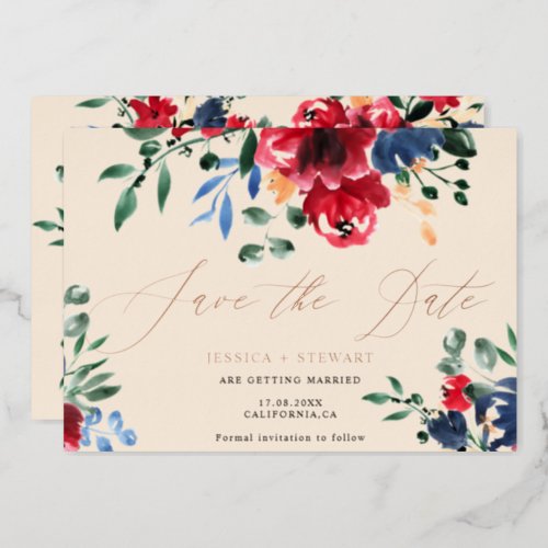 Rustic burgundy navy floral wedding save the date foil invitation